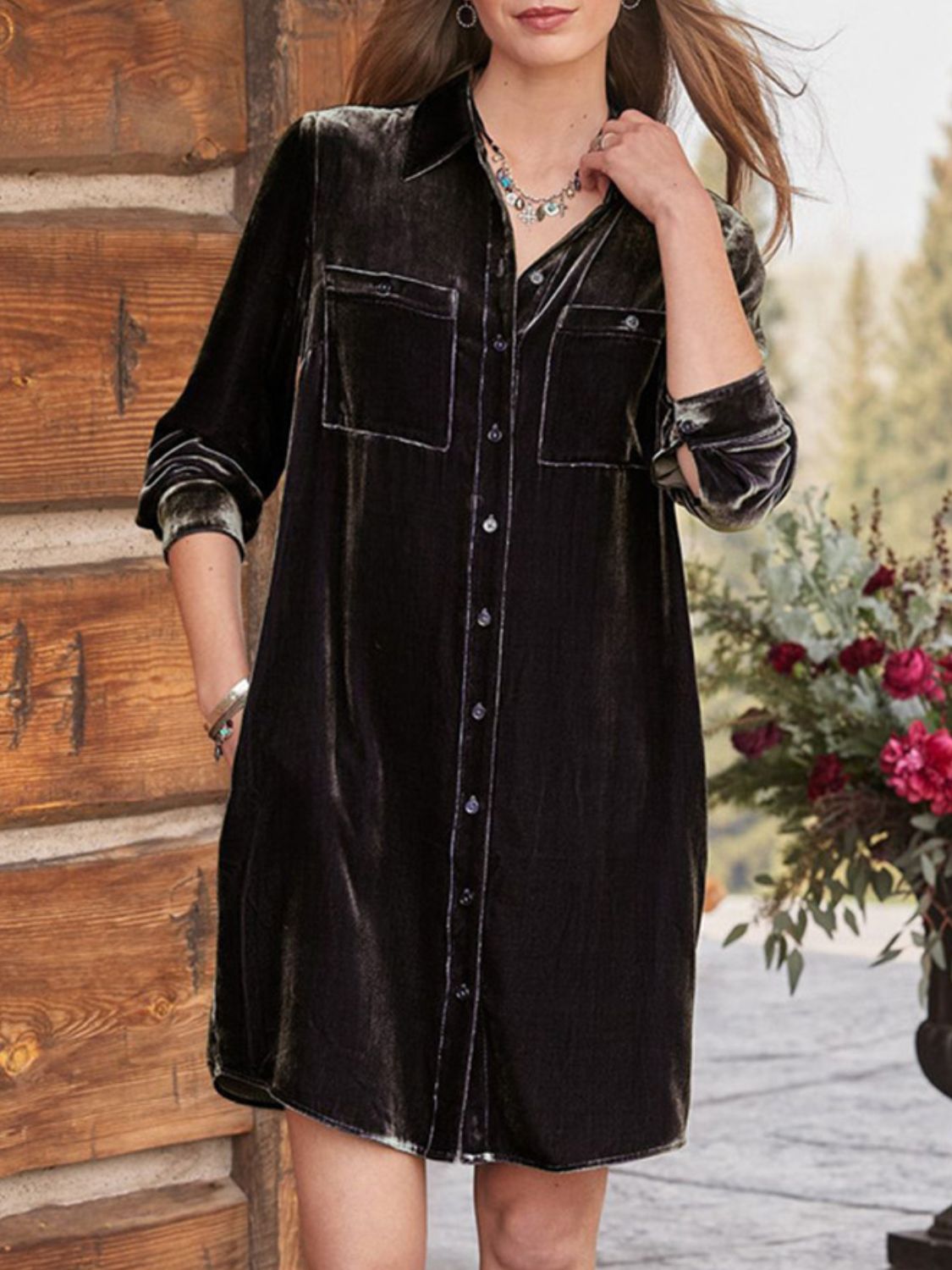 Long Sleeve High-Low Button-Up Knee-Length Opaque Dress with Pockets