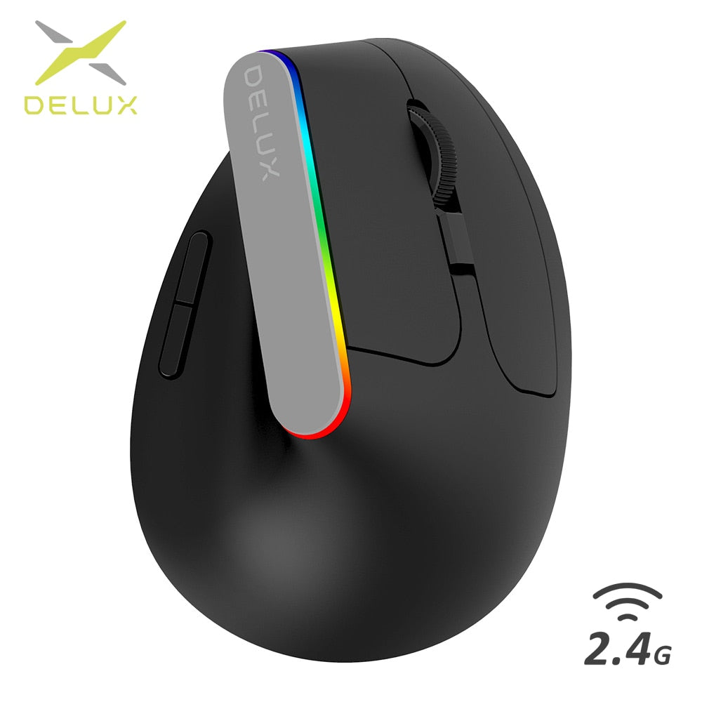 Delux M618C High - Performance Wireless Silent Ergonomic Vertical Six - Button Gaming Optical Mouse with USB Receiver and RGB 1600 DPI for PC and Laptop