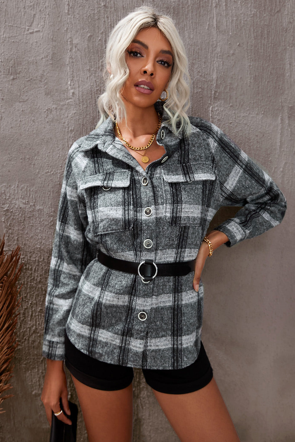 Casual Plaid Raglan Sleeve Shirt-Style Jacket with Convenient Breast Pockets