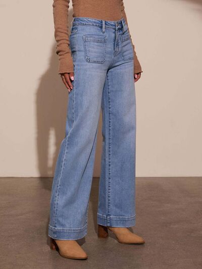 Stylish High-Rise Wide-Leg Denim Jeans with Front Pocket Patches