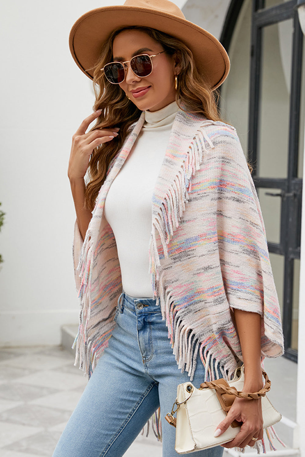 Printed Poncho with Stylish Fringe Detail