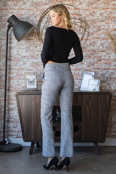 Heimish Full-Size Checkered Flare Trousers with a Wide Elastic Waistband, Suitable for Plus Sizes
