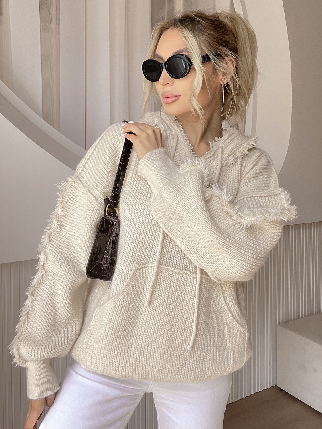 Long Sleeve Drawstring Hooded Sweater with Fringe Hem for Fashion Lovers
