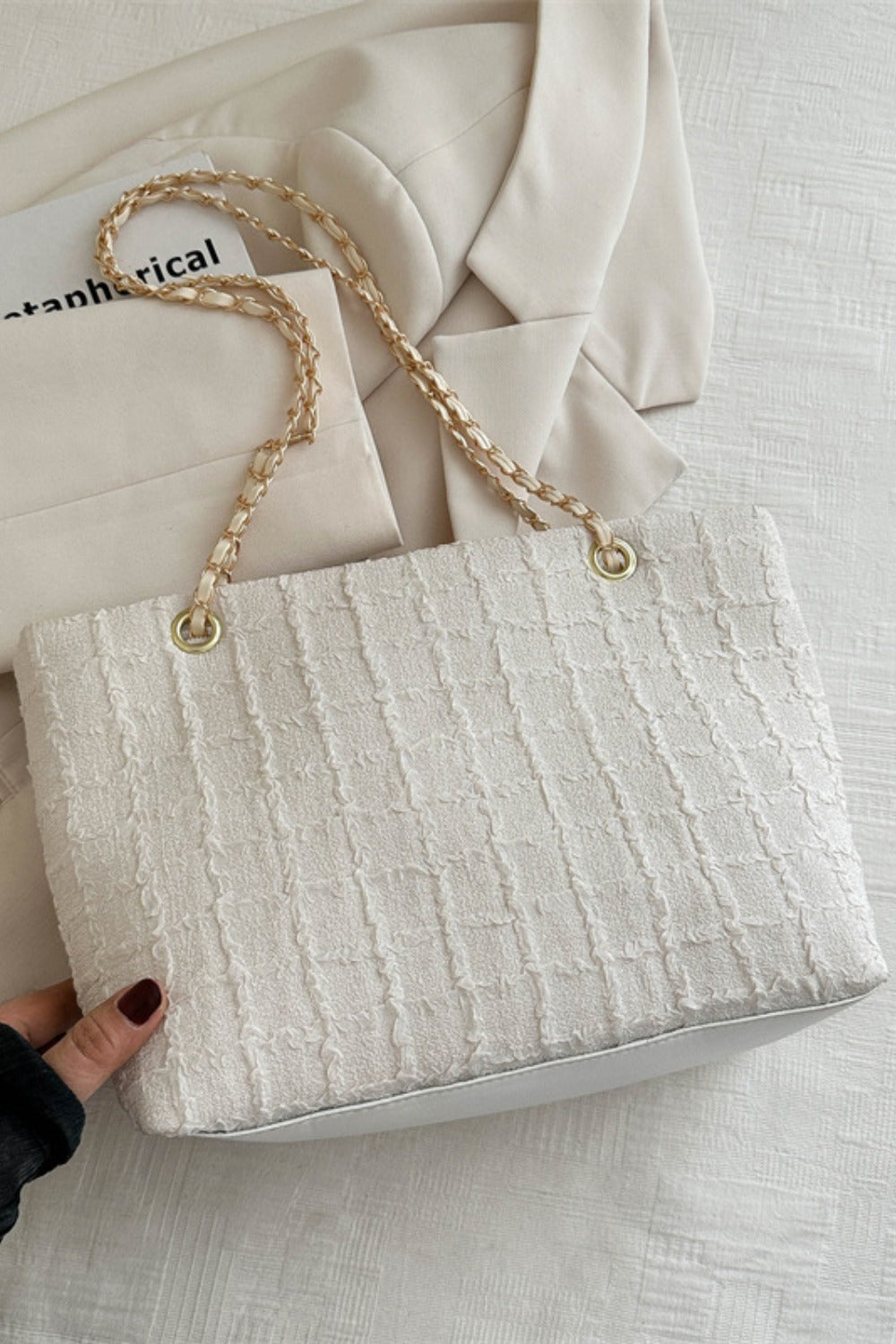 Imported Medium-sized Polyester Tote Bag with Chain Texture