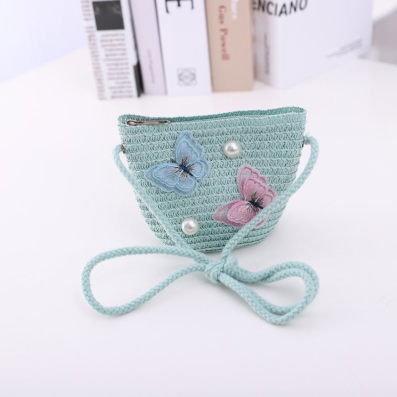 Girls' Summer Straw Hat with Butterfly Pattern and Matching Accessory Bag (Sold Individually)