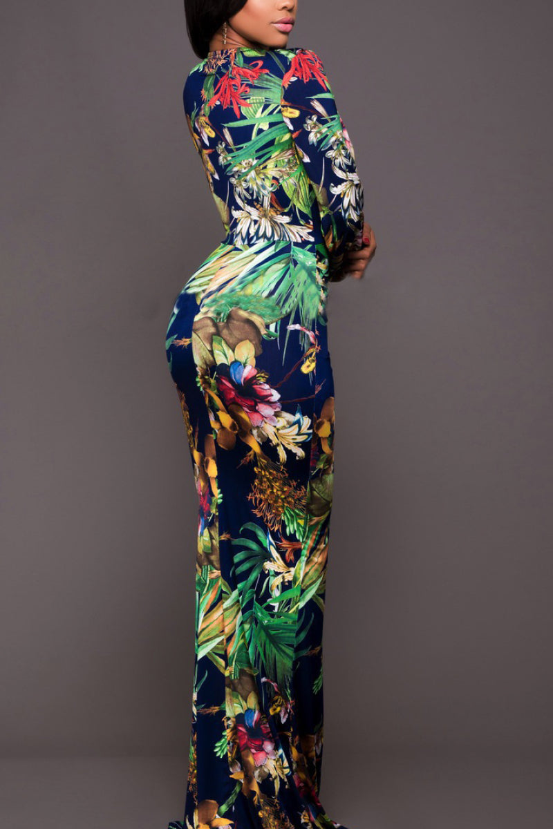 Floral Printed V-Neck Full-Length Maxi Dress with Leg Split