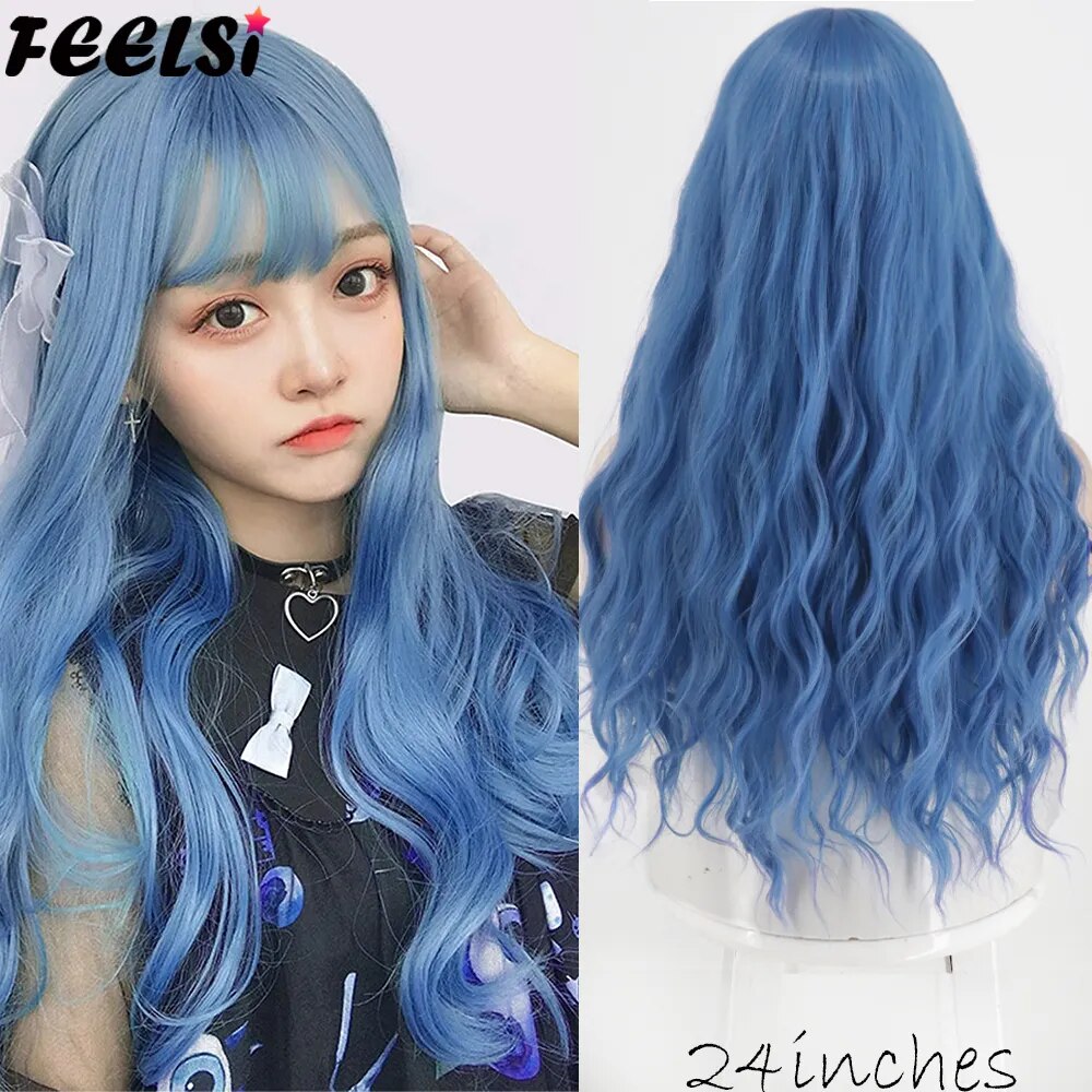 High - Quality Long Curly Black, Pink & Blonde Synthetic Wigs for Women's Cosplay Sale