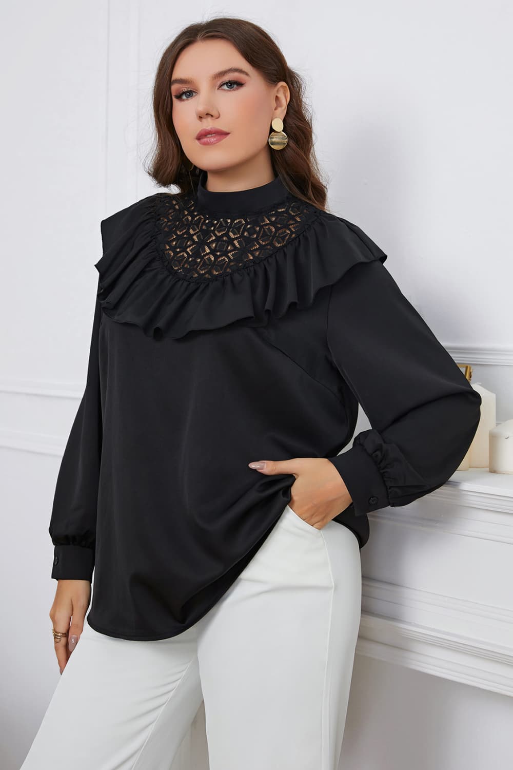 Plus Size Long Sleeve Ruffle Trim Solid Mock Neck Casual Blouse