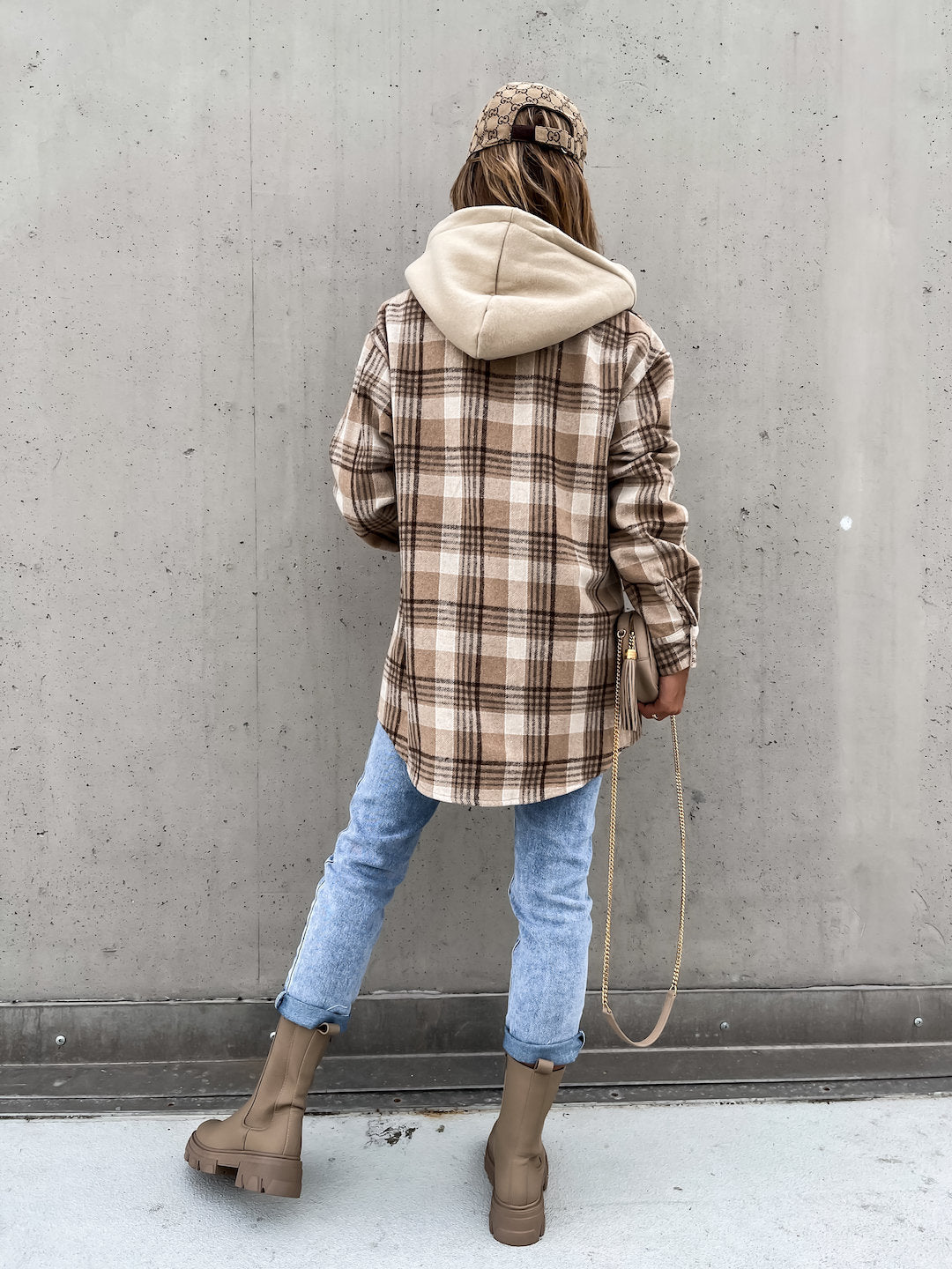 Fashionable Winter Ins Women's Woolen Plaid Hooded Jacket with Detachable Cap and Pocket Design - Stylish Outerwear for OL Commute