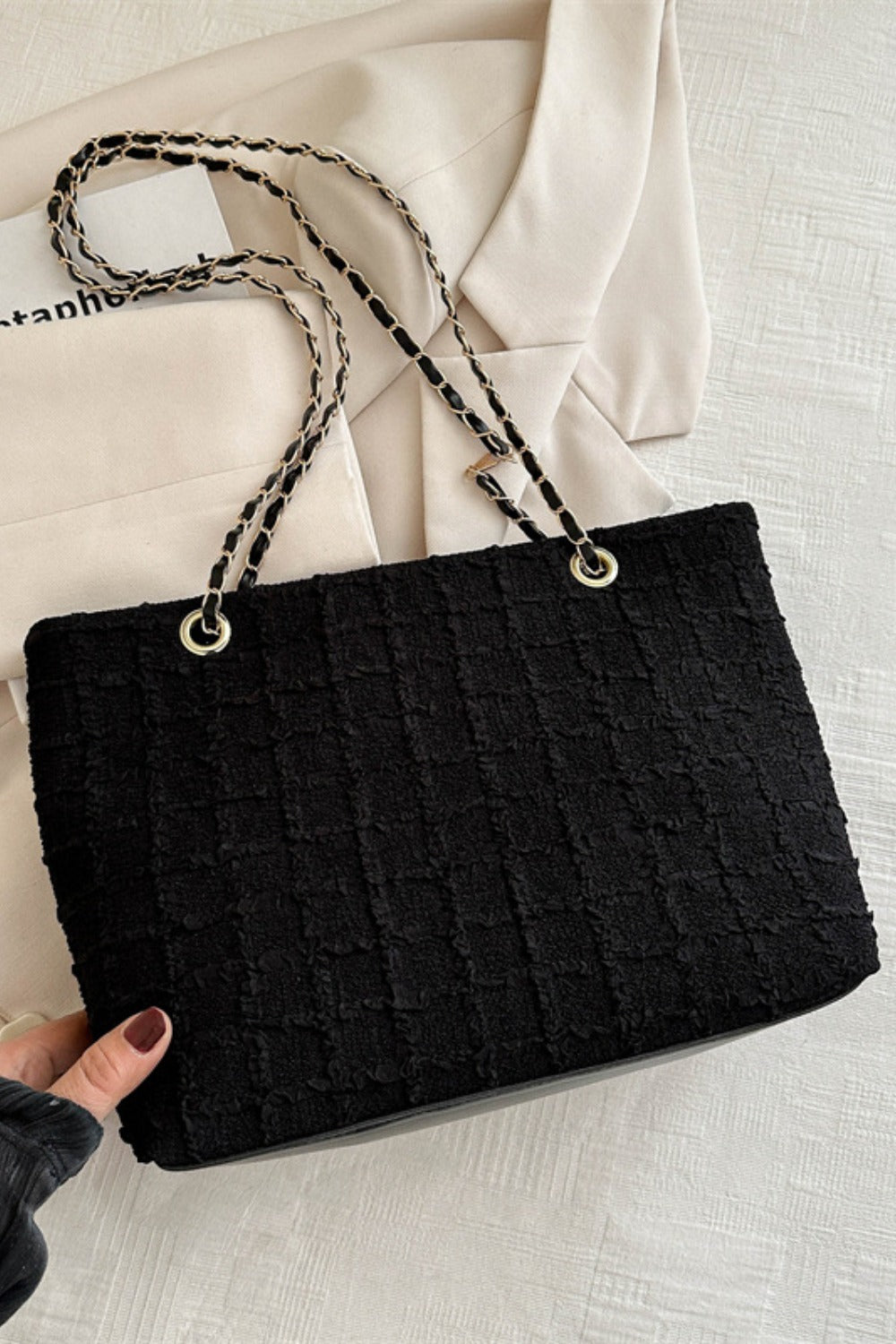 Imported Medium-sized Polyester Tote Bag with Chain Texture