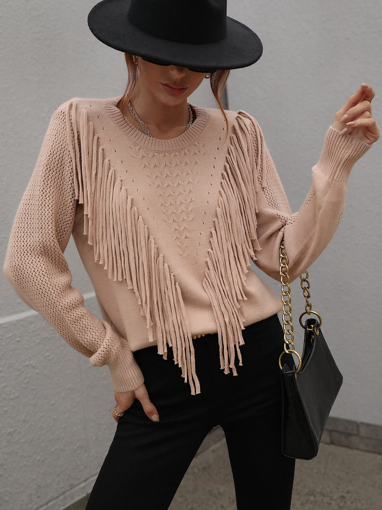 Casual Women's Fringe-Detailed Ribbed Trim Sweater for Regular Sizing