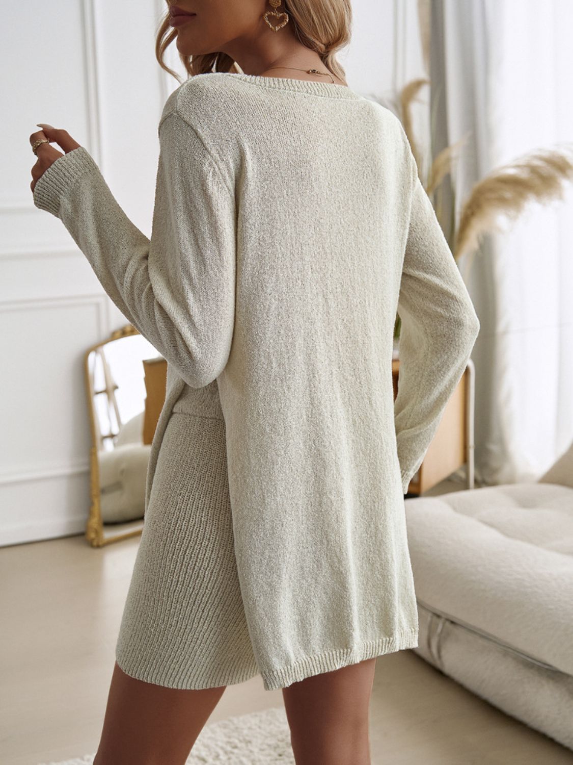 Divine Women's Round Neck Slit Top and Shorts Sweater Set for Fashionable Outfits