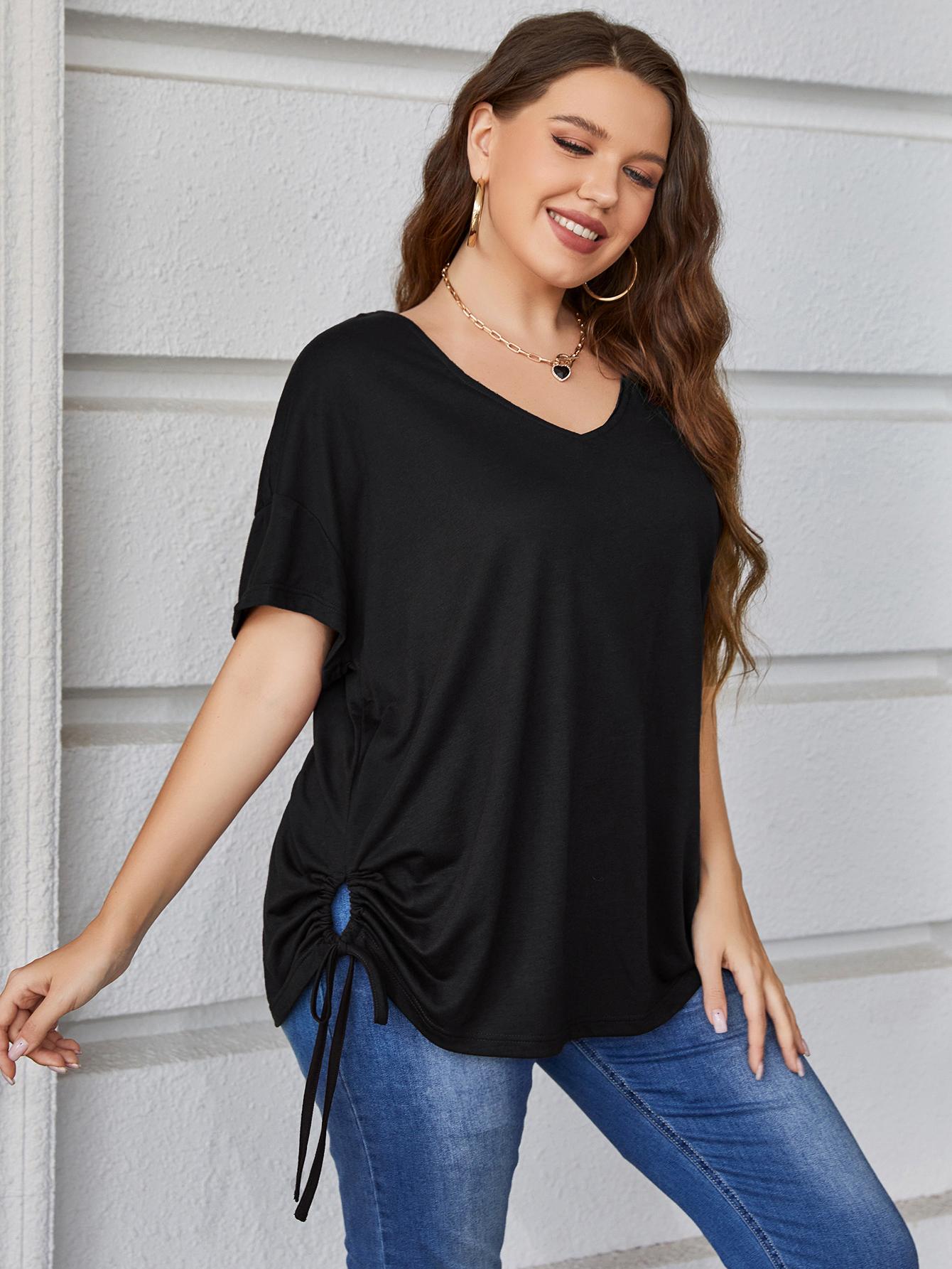 Plus Size V-Neck Short Sleeve Blouse with Drawstring for Casual Wear