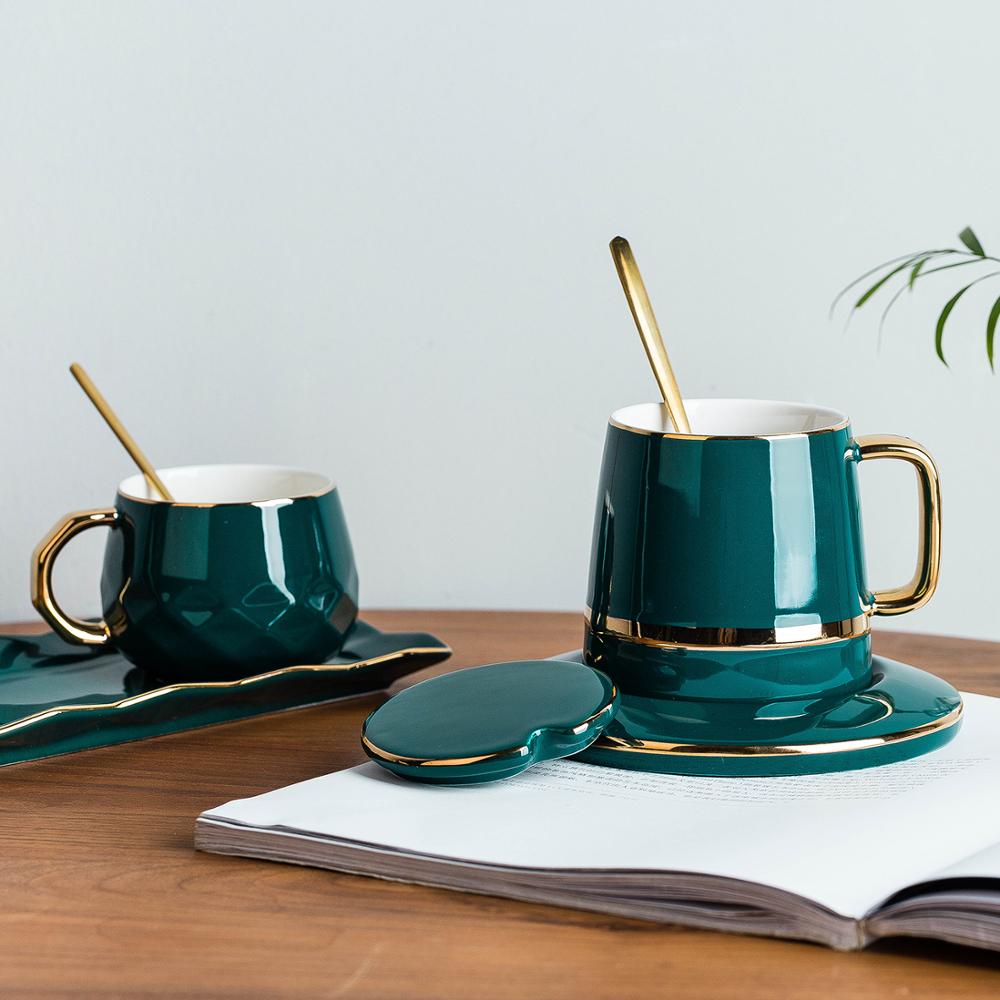 MDZF SWEET HOME European-Style Handpainted Green Ceramic Coffee Cup Set with Mat, Lid, Spoon - Ideal Milk Cup and Breakfast Tableware Set, Perfect for Couple Mugs and Birthday Gift Boxes