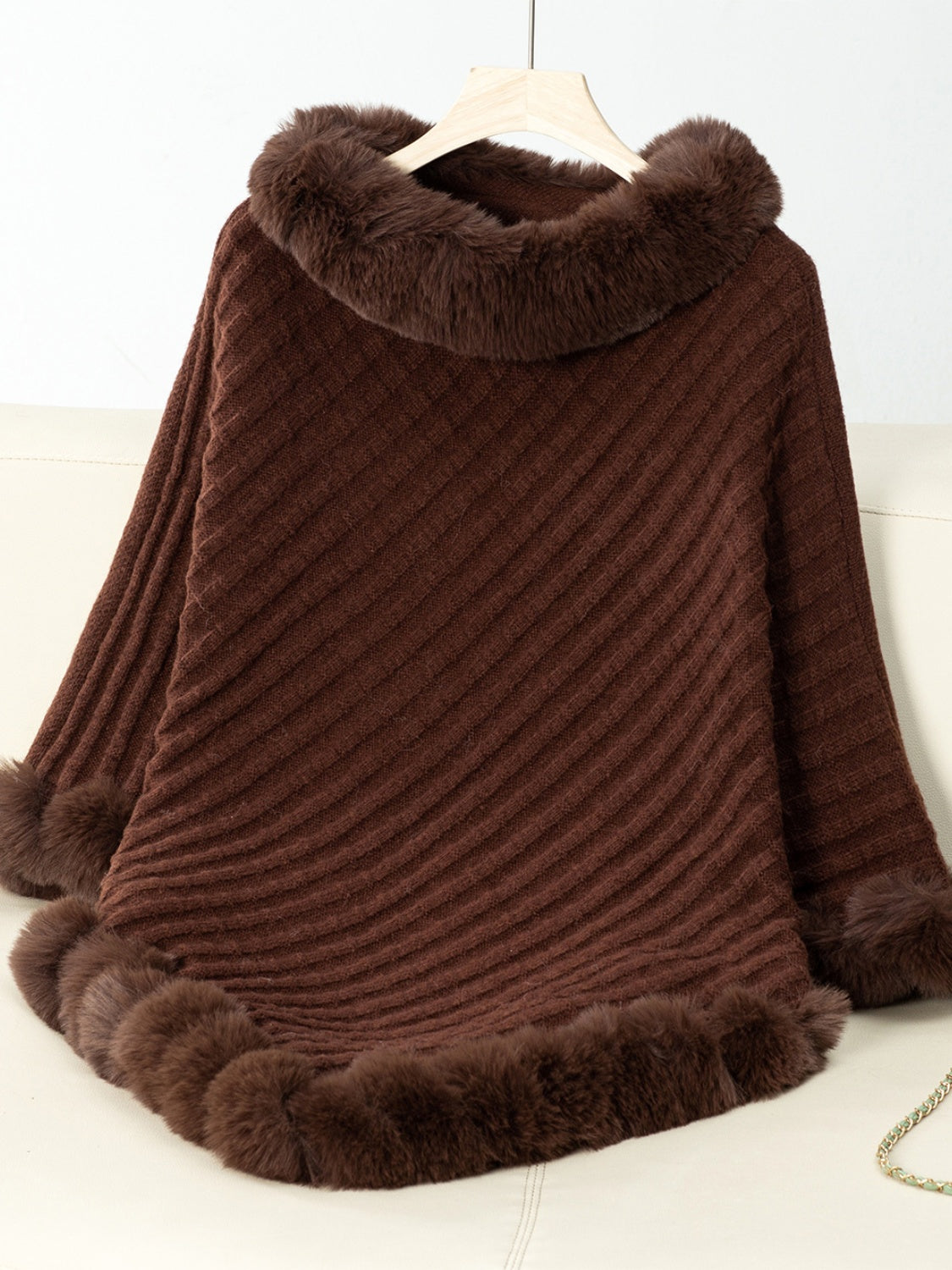 Fashionable Three-Quarter Sleeve Poncho with Fuzzy Trim Texture