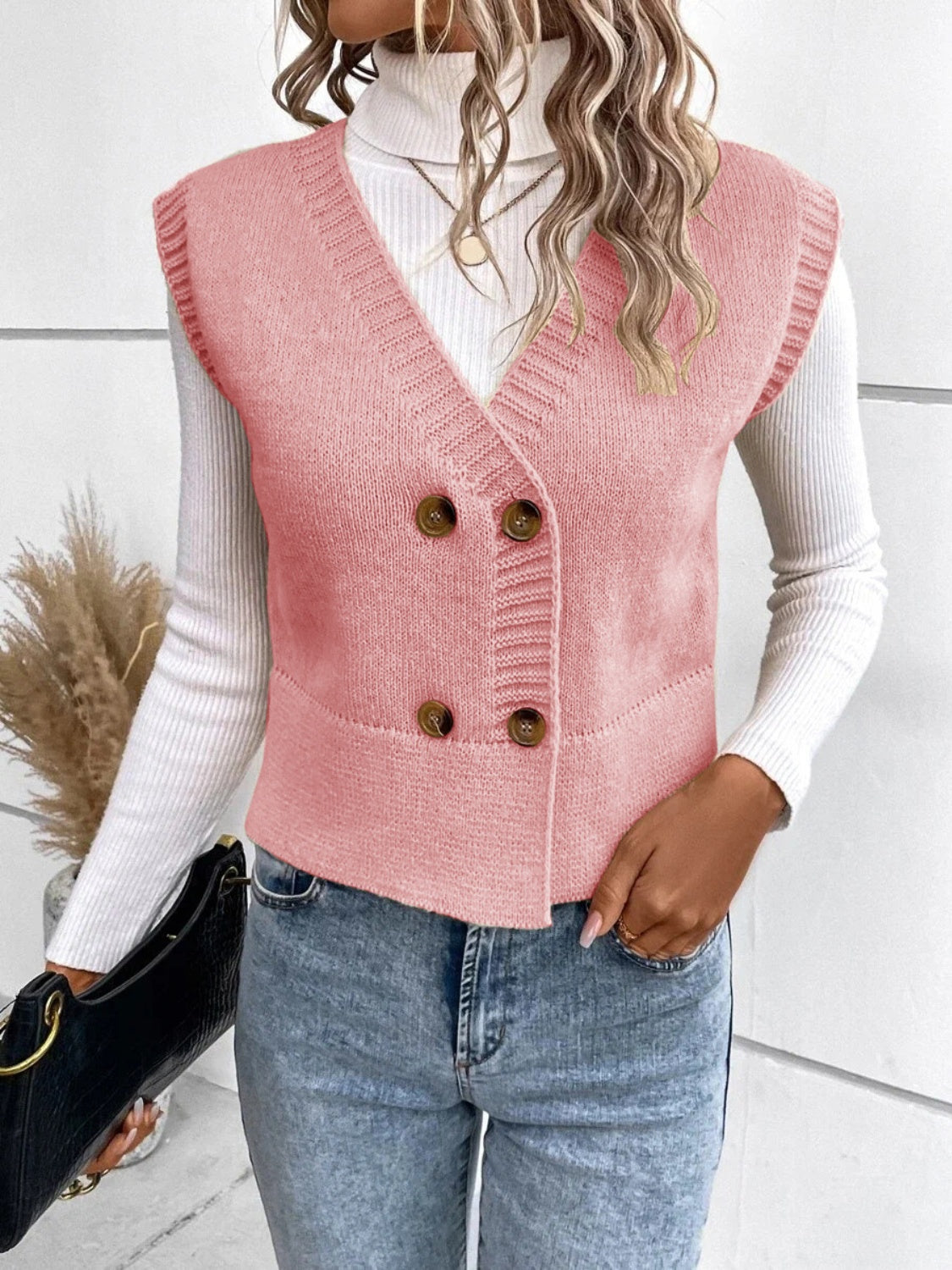 Full-Size V-Neck Button-Up Sweater Vest with Slight Stretch