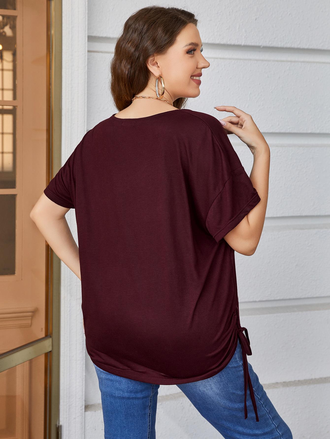 Plus Size V-Neck Short Sleeve Blouse with Drawstring for Casual Wear