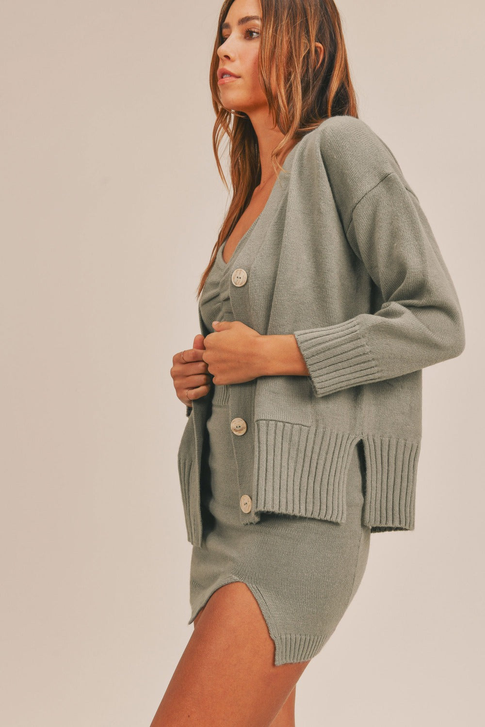 Fashionable MABLE Three-Piece Sweater Set Comprising Crop Cami, Mini Skirt, and Long Sleeve Button Cardigan