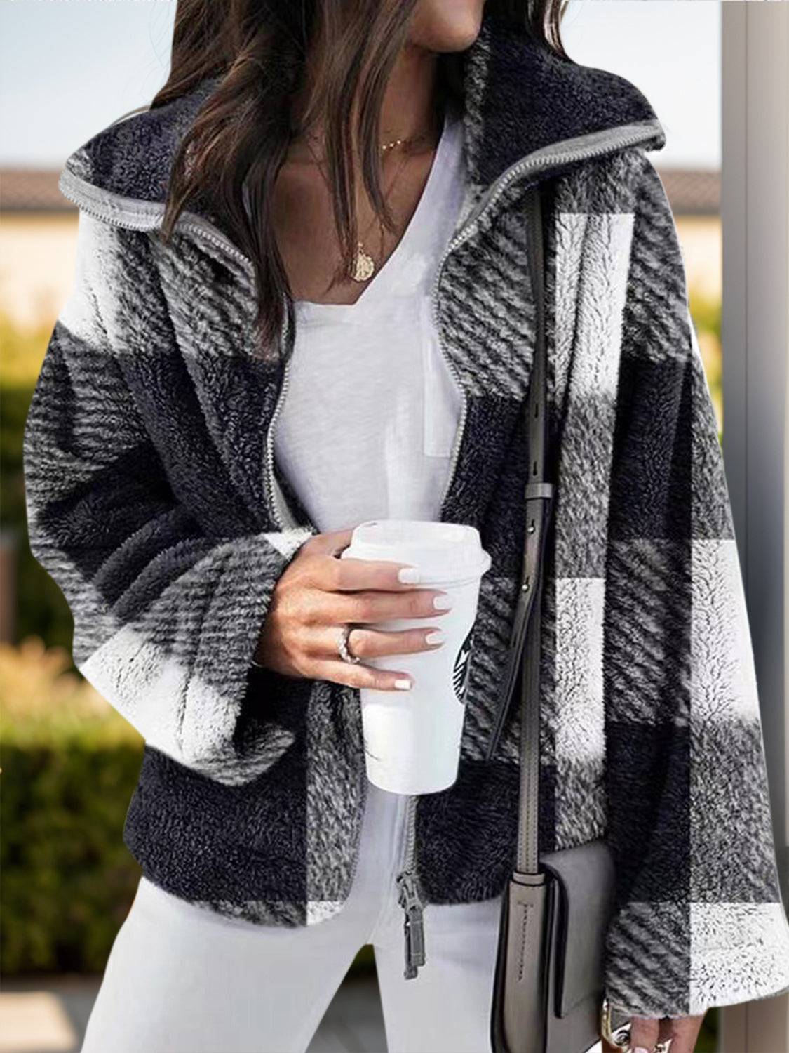 Full-Size Polyester Plaid Long Sleeve Zip-Up Jacket