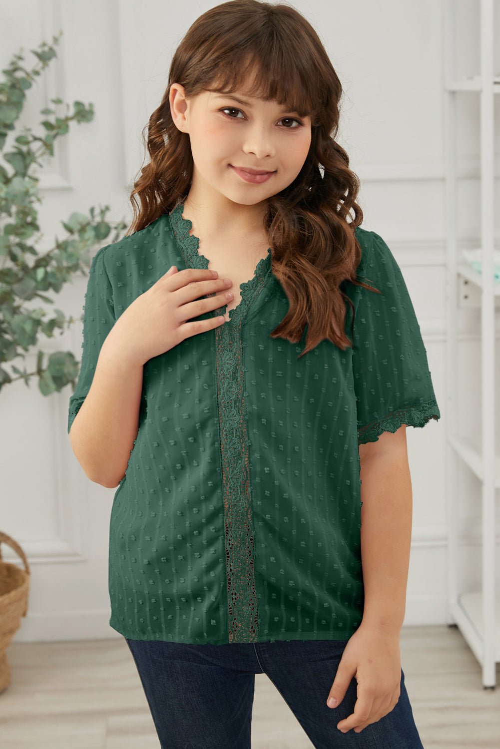 Summer Girls' Blouse with Swiss Dot and Spliced Lace for 4 - 13 Years Old
