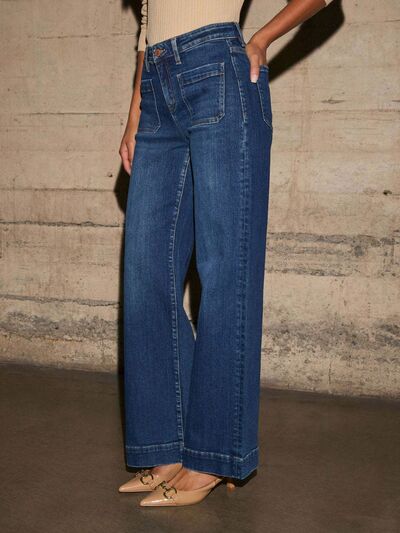 Stylish High-Rise Wide-Leg Denim Jeans with Front Pocket Patches