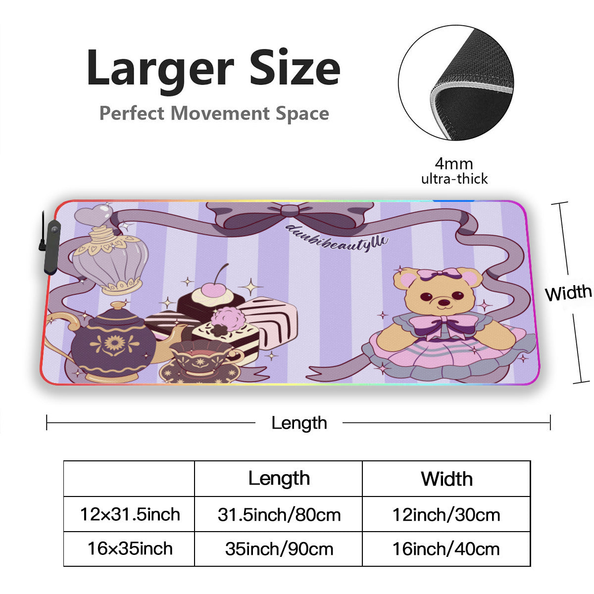 Dunbi Designed Illuminated Rubber Mouse Pad with Cute Teddy Bear, Tea Party, Ribbon, Bows, Cakes, Victorian, Doll, Cute Girl, Purple Style 1, Stripes Patterns