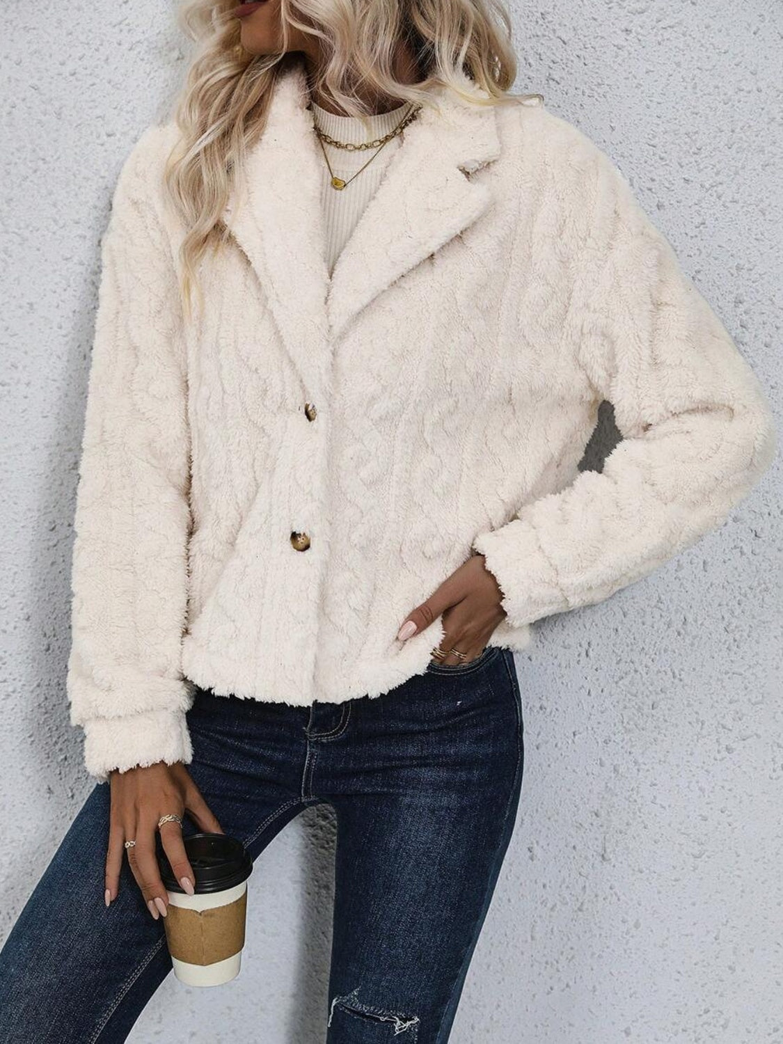 Fuzzy Buttoned Up - Collar Neck Winter Jacket for Casual Wear