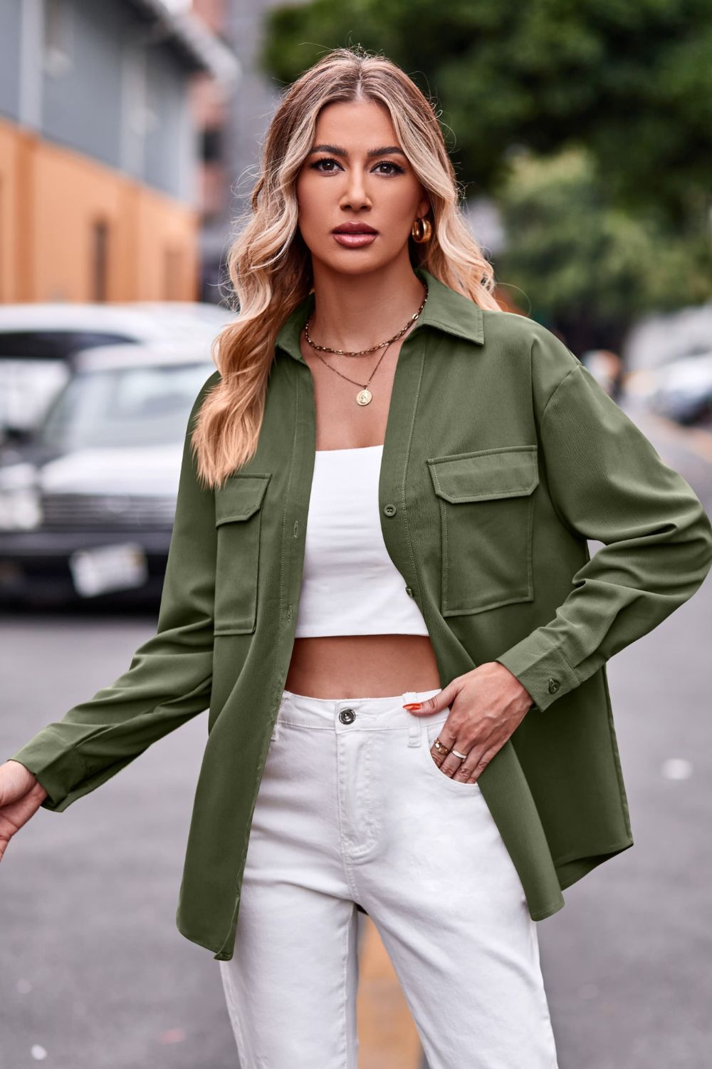 Casual Longline Dropped Shoulder Shirt with Functional Pockets