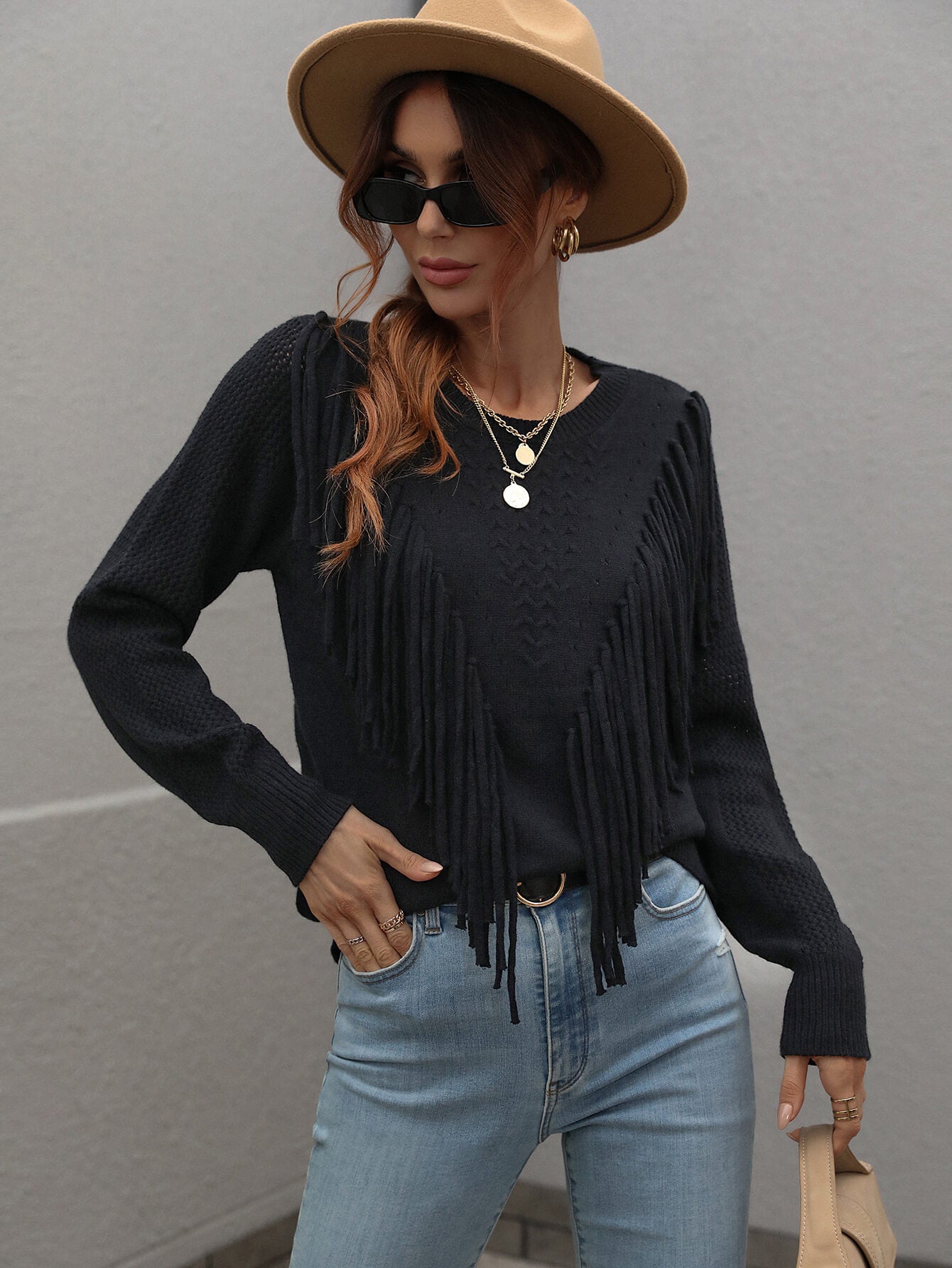 Casual Women's Fringe-Detailed Ribbed Trim Sweater for Regular Sizing