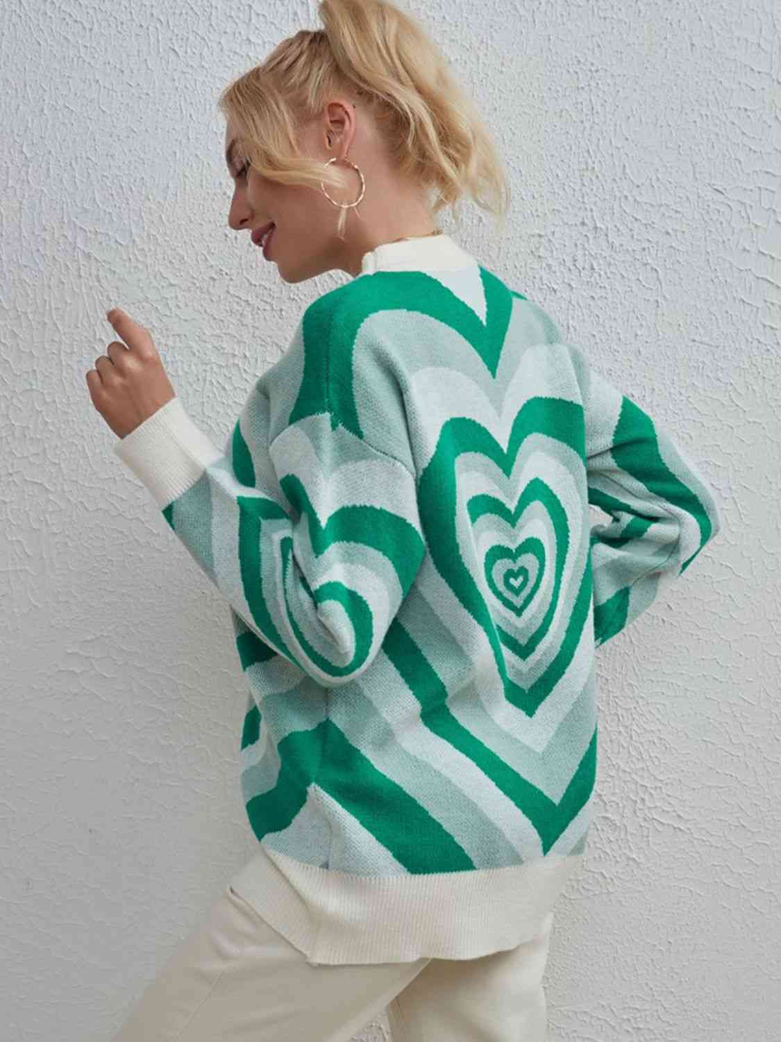 Long Printed Heart Casual Dropped Shoulder Sweater with Moderate Stretch
