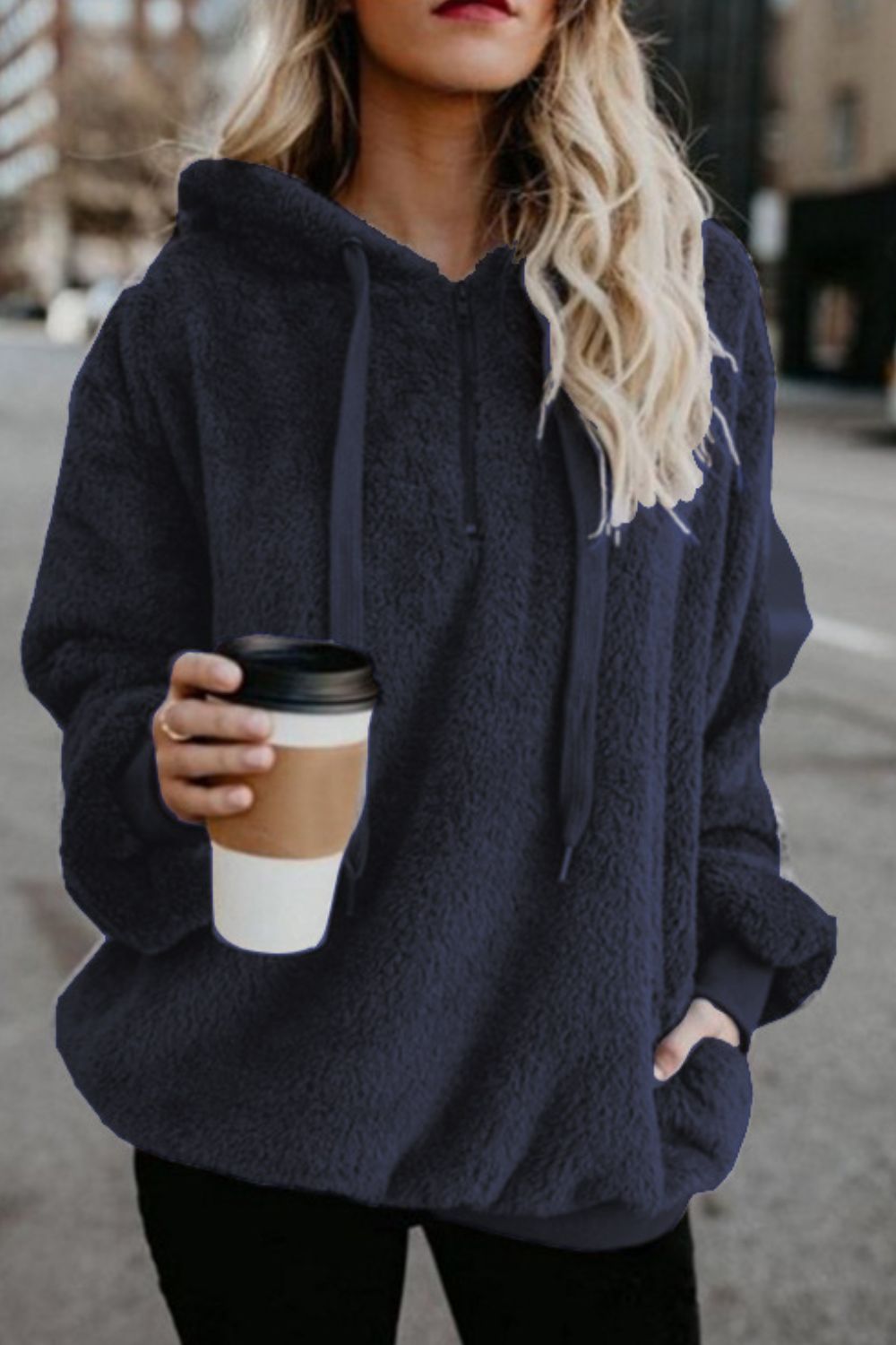 Full-Size Teddy Quarter-Zip Hoodie with Drawstring and Pocket