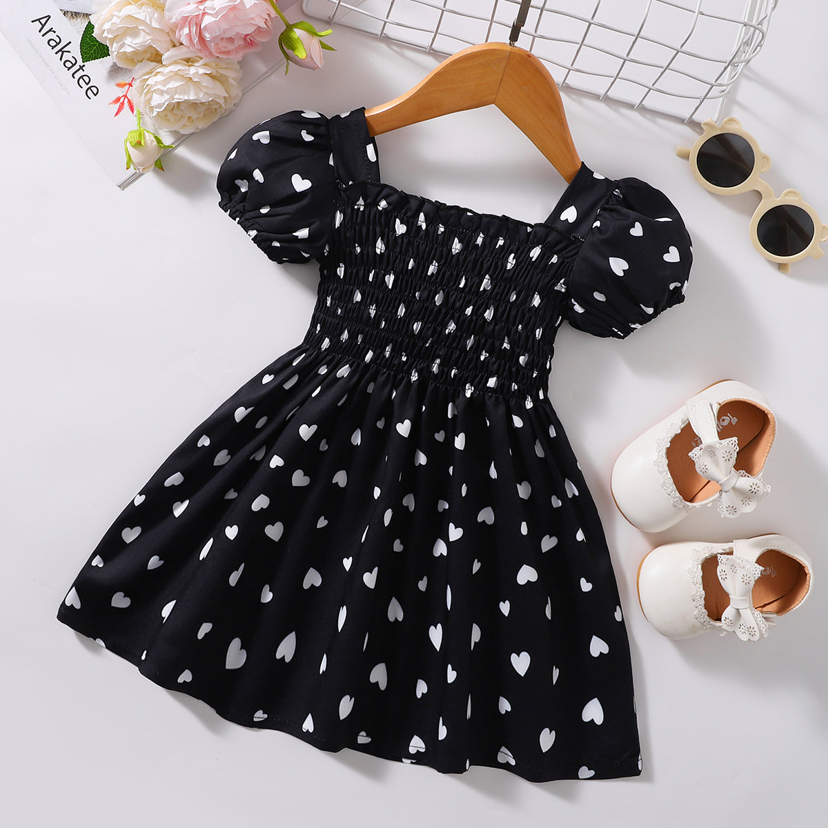 Cute Heart - Printed Smocked Short Square - Neck Dress for Babies