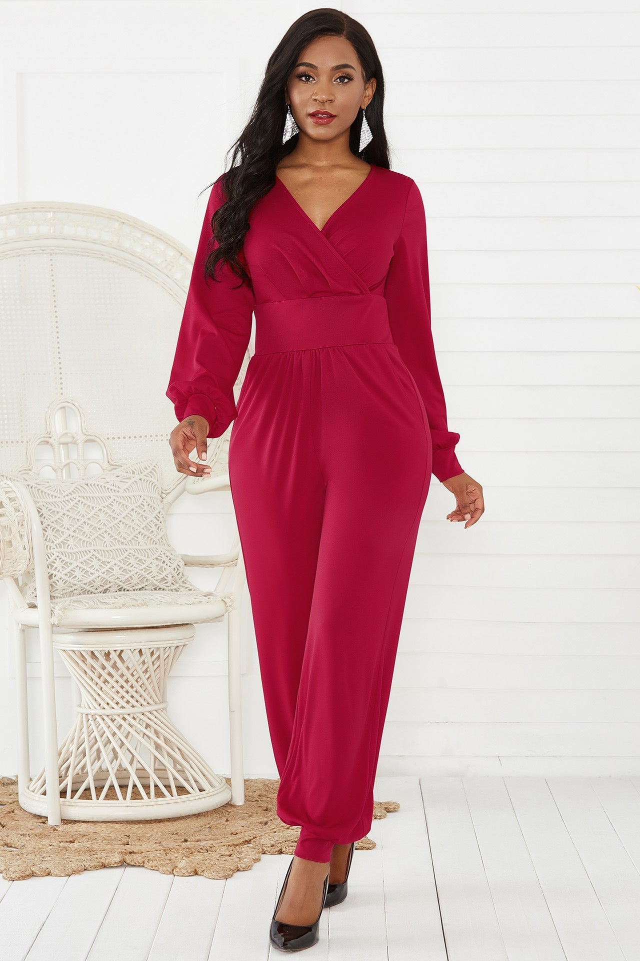 Fashionable Solid Pattern Gathered Detail Surplice Neck Lantern Sleeve Women's Jumpsuit
