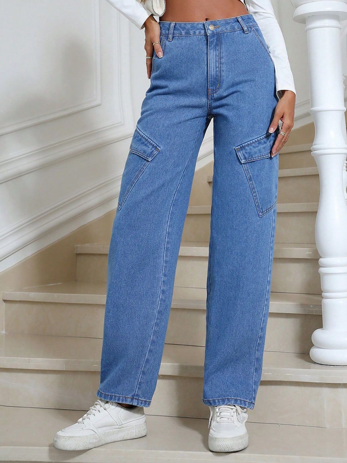 Women's High Waist Straight Leg Denim Jeans with Functional Pockets