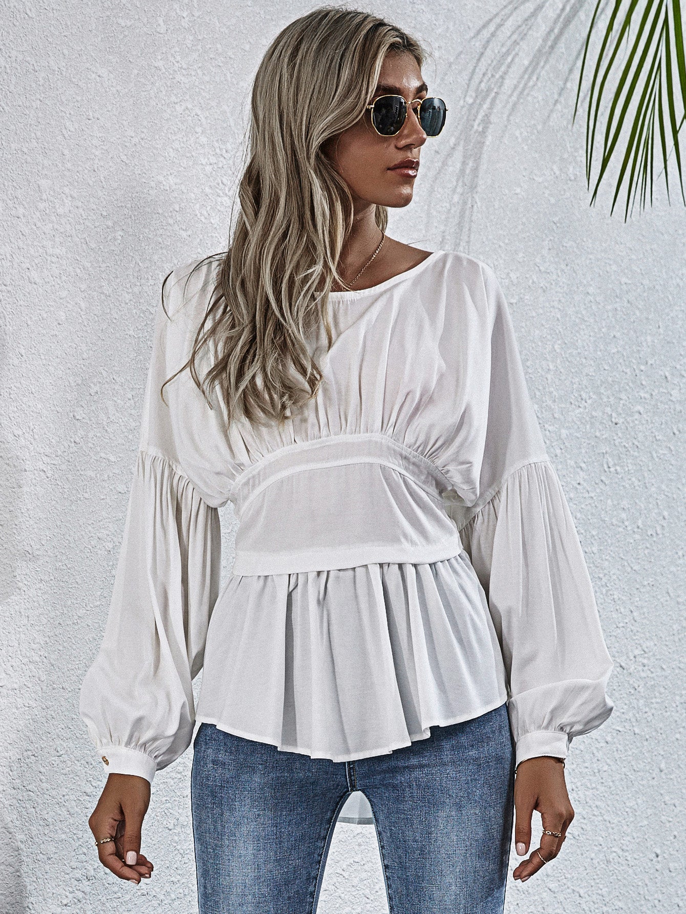 Long Sleeve Casual Round Neck Blouse with Exposed Seams and Dropped Shoulders