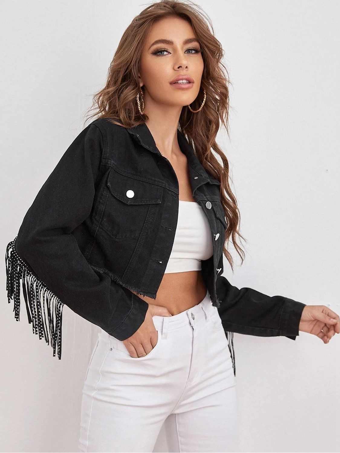 Stylish Cropped Denim Jacket with Fringe Detail and Collared Neck for Fashion - Forward Look