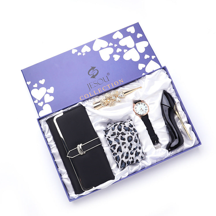 Stylish Set of Long Wallet, Silk Scarf, High - End Watch, Perfume and Hairpin