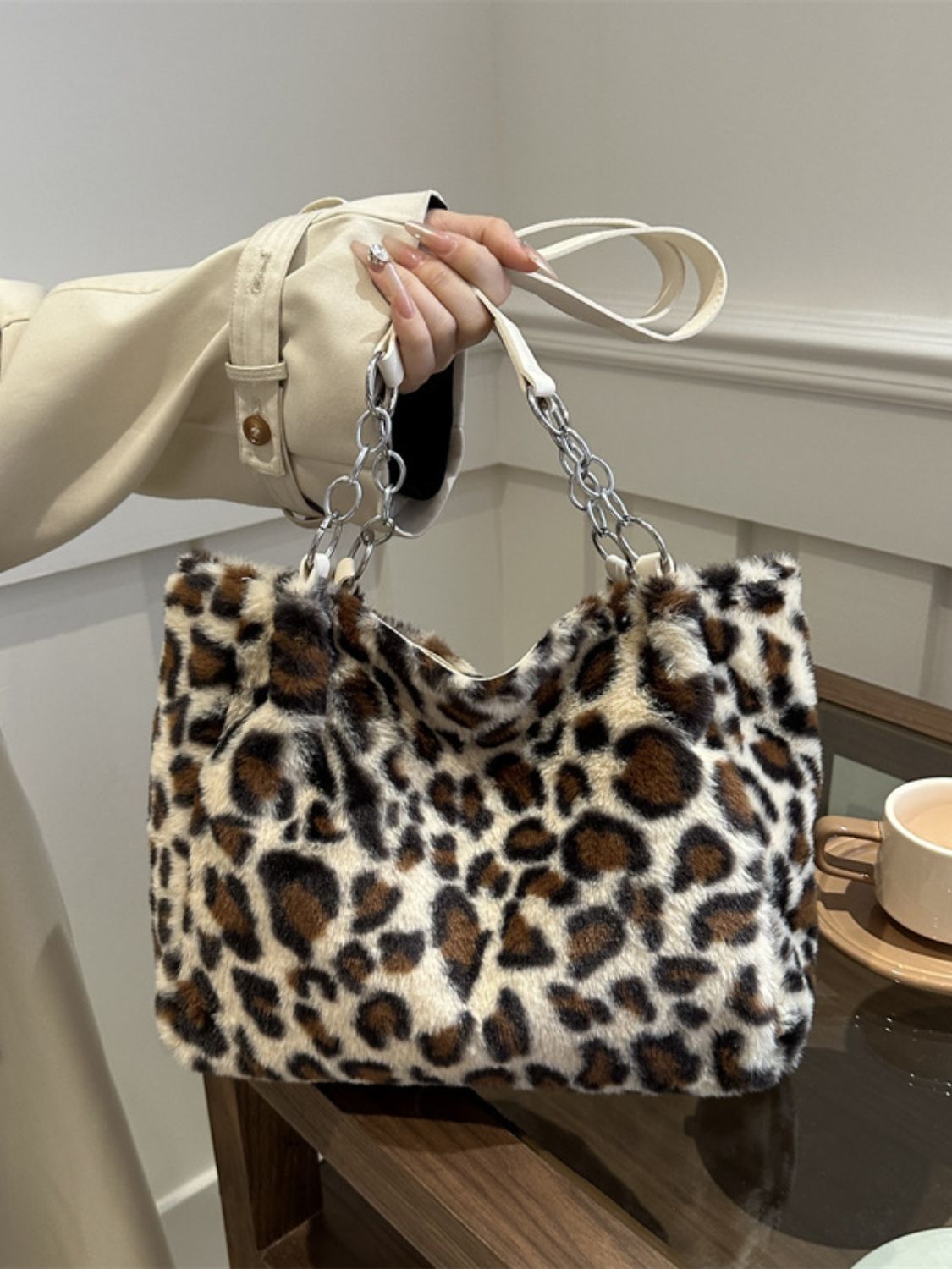 Large Imported Faux Fur Leopard Print Shoulder Bag