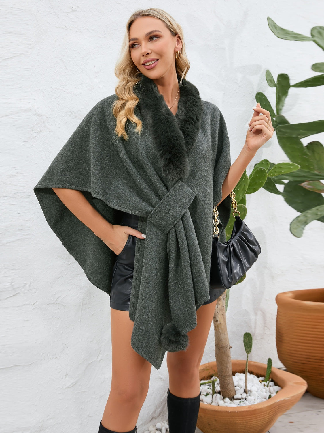 Soft and Fuzzy Trimmed Open Front Polyester Poncho for Casual Wear