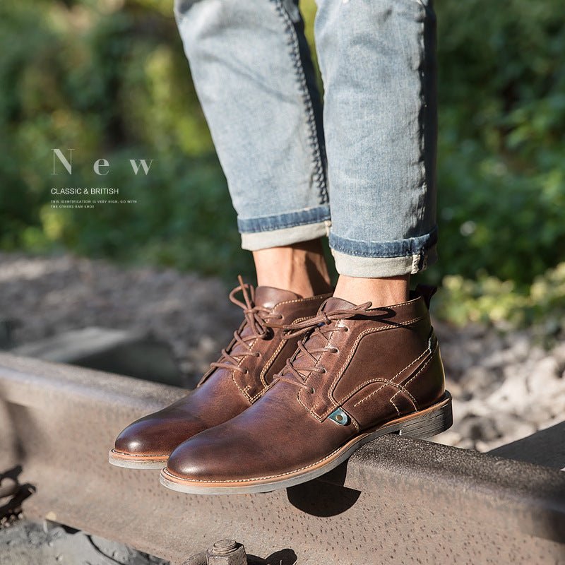 Men's High-top Desert Cowhide Leather Boots with Toe Layer