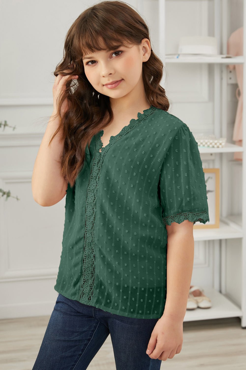 Summer Girls' Blouse with Swiss Dot and Spliced Lace for 4 - 13 Years Old