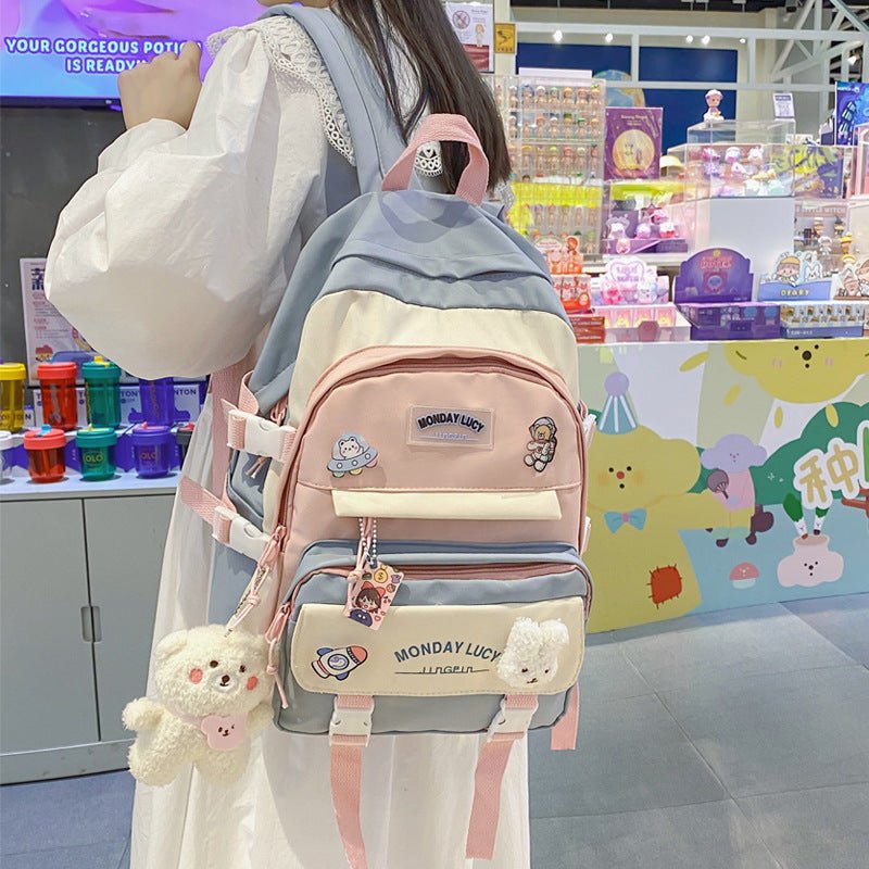 Stylish Fashionable Bear - Inspired Large - Volume Geometric Contrast - Colored School Backpack for Students