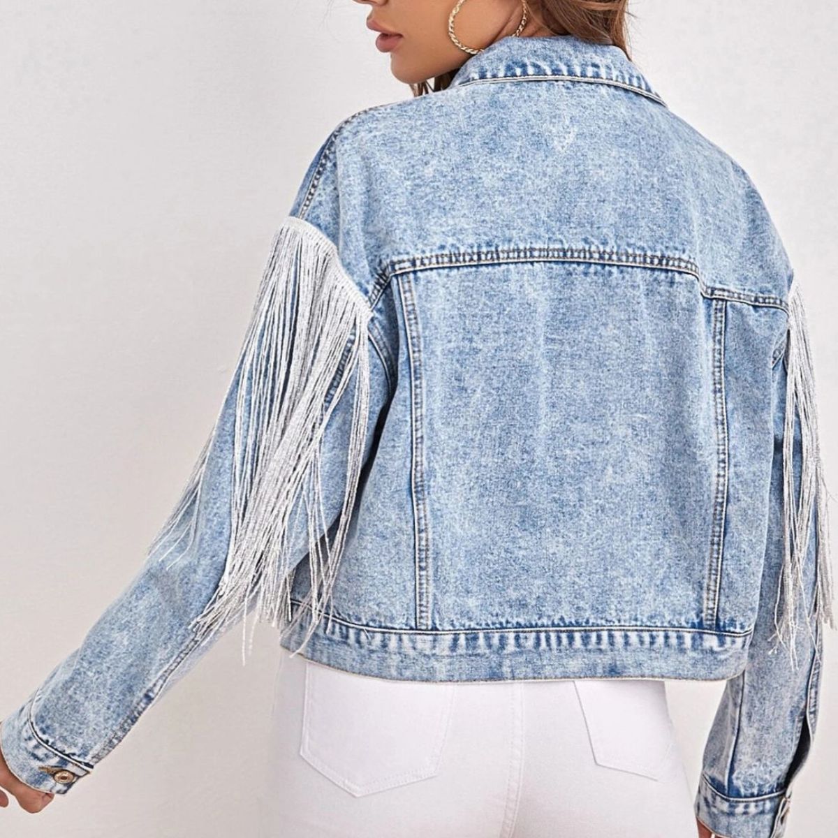 Casual Long Sleeve Denim Jacket with Fringe Detail and Collared Neck