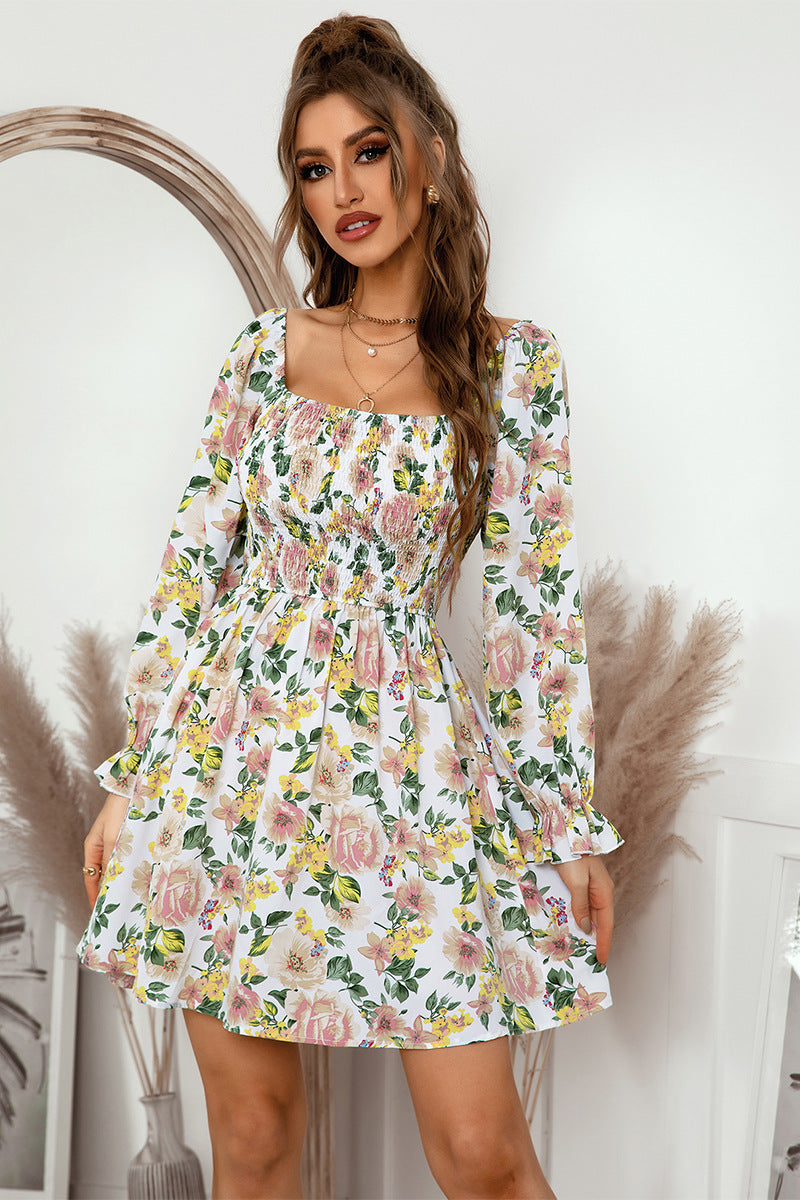 Chic Floral Print Flounce Sleeve Smocked Square Neck Mini Dress for Women