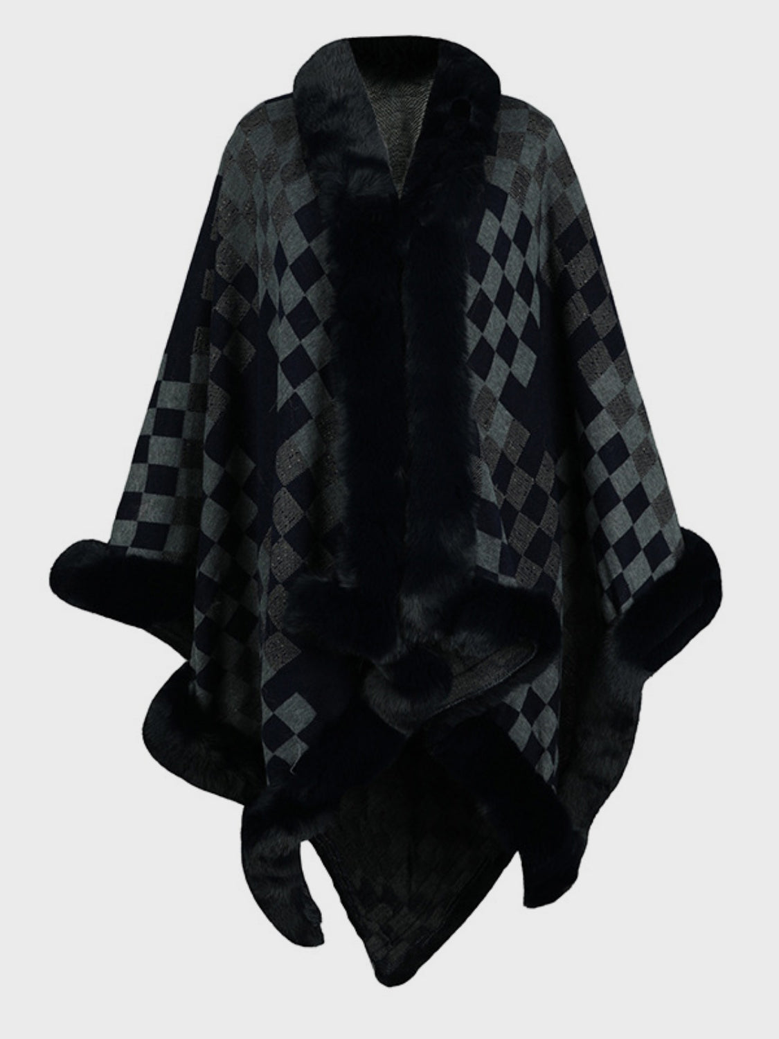 Soft and Fuzzy Checkered Long-Sleeved Poncho for Fashionable Wear