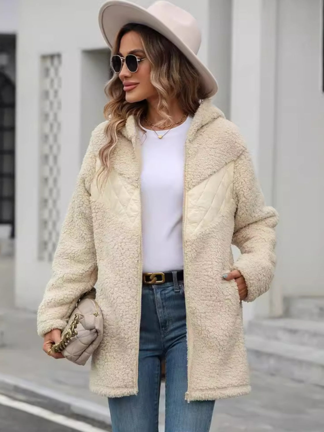 Soft Fuzzy Long Sleeve Zip - Up Hooded Polyester Jacket