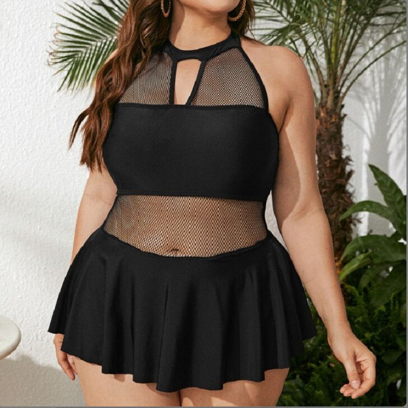 Plus Size One - Piece Mesh Halter Top Style Women's Swimsuit for Swimming and Wading