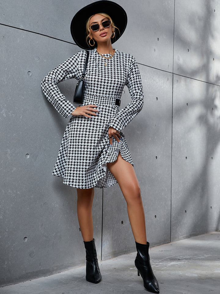 Fashionable Houndstooth Long - Sleeve Mini Round - Neck Polyester Dress