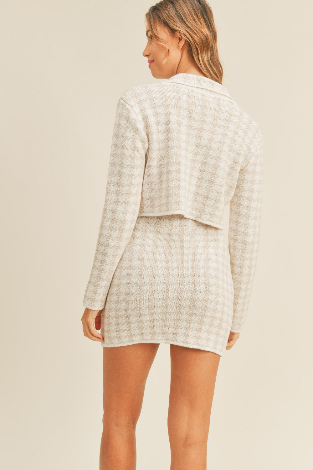 Stylish MABLE Houndstooth Patterned Cropped Knit Cardigan and Matching Mini Skirt Fashion Set