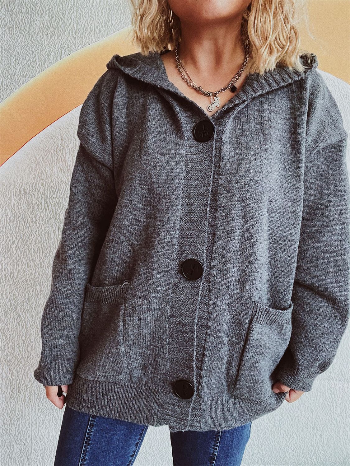 Casual Dropped Shoulder Long Sleeve Buttoned Pocketed Hooded Cardigan for Everyday Wear